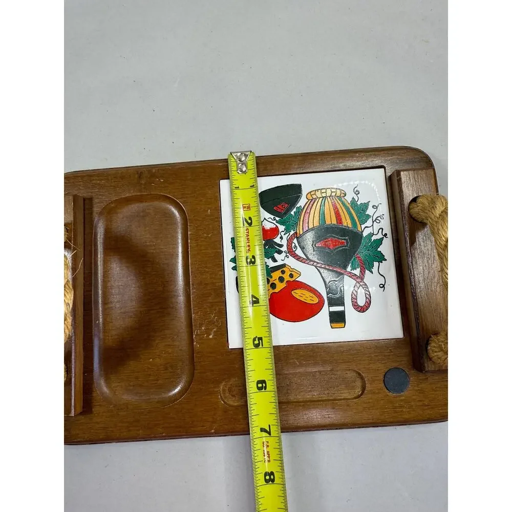 Vintage Wood Wine and Cheese Serving Board, Painted Tile Insert, Rope Handles